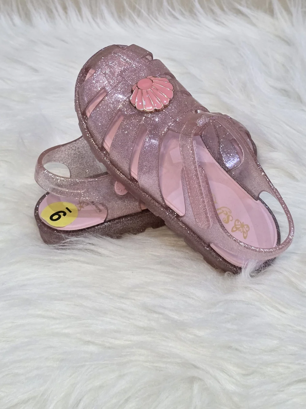 Self Esteem Glitter Pink Jelly Sandals with Shell Charm